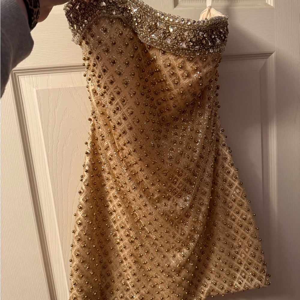 JVN Gold Beaded Strapless Gown
